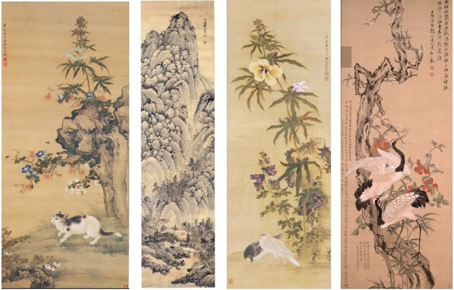 (左から)沈銓(沈南蘋) 老圃秋容図 1731(清・雍正9)年 静嘉堂文庫美術館、戴明説 山水図 中国・清時代(17世紀) 静嘉堂文庫美術館(日田・千原家旧蔵)、真村蘆江 天明7年(1787)長崎歴史文化博物館、田能村竹田 歳寒三友双鶴図 1831年(天保2)重要文化財 個人蔵