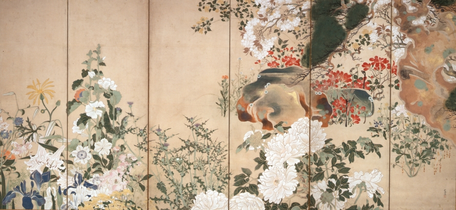 WATANABE Shiko, Four Seasons Flowers and Trees Folding Screen (Right Screen) , Edo Period, Important Art Object, Hatakeyama Memorial Museum of Fine Art