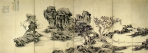 田能村竹田《高客聴琴図屏風》1822

文政五年の杵築旅行の折に描かれたもので、もともとは四面の襖仕立てでした。現在確認されている竹田の作品では最大級であるともに、南宗画法への本格的な取り組みを開始した頃の竹田の画法をよく示しています。第八扇と九扇にまたがる賛は頼山陽によるものです。