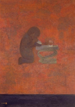 髙山辰雄 《食べる》1973

髙山は、1946年、1973年、1985年の三度、子供の食事姿を描いた「食べる」という作品を発表していますが、この作品はその2作目にあたるもの。シルエットによって映し出された幼な子の姿には、不安と孤独の影さえ漂います。生きることの意味を問い続ける髙山芸術の象徴的な作例です。